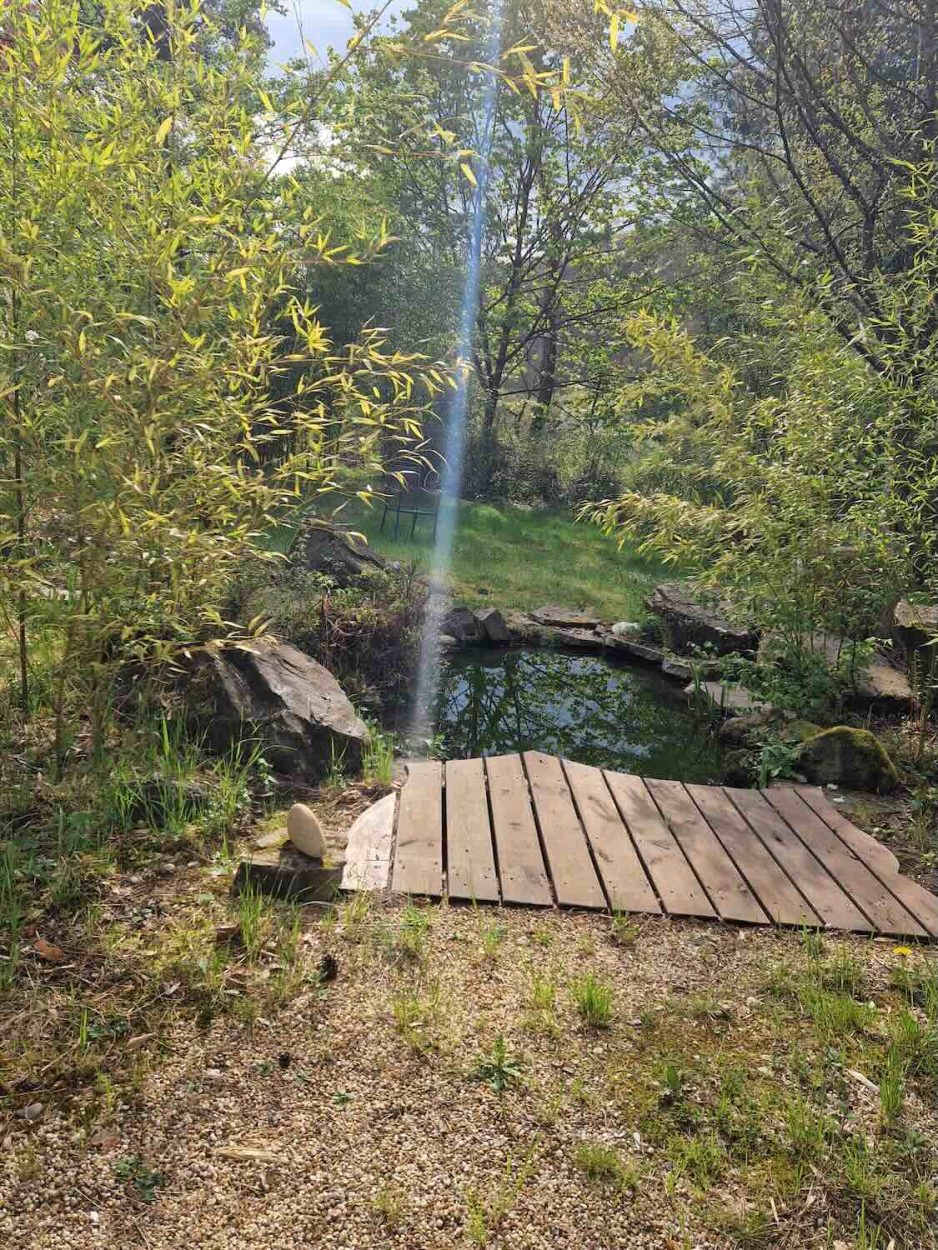 Dieses Bild zeigt den idyllischen Teich mit Holzplateau im Garten der Grube Louise. Umgeben von Bambus, Steinen und sattgrünem Wald ist dieser Platz ein besonderer Rückzugsort für Stille, Meditation oder einfaches Innehalten während des Yoga Retreats Be Love ♡ Be Light ♡ Be You. Die friedvolle Natur unterstützt die Prozesse von Loslassen, Erdung und innerer Einkehr.