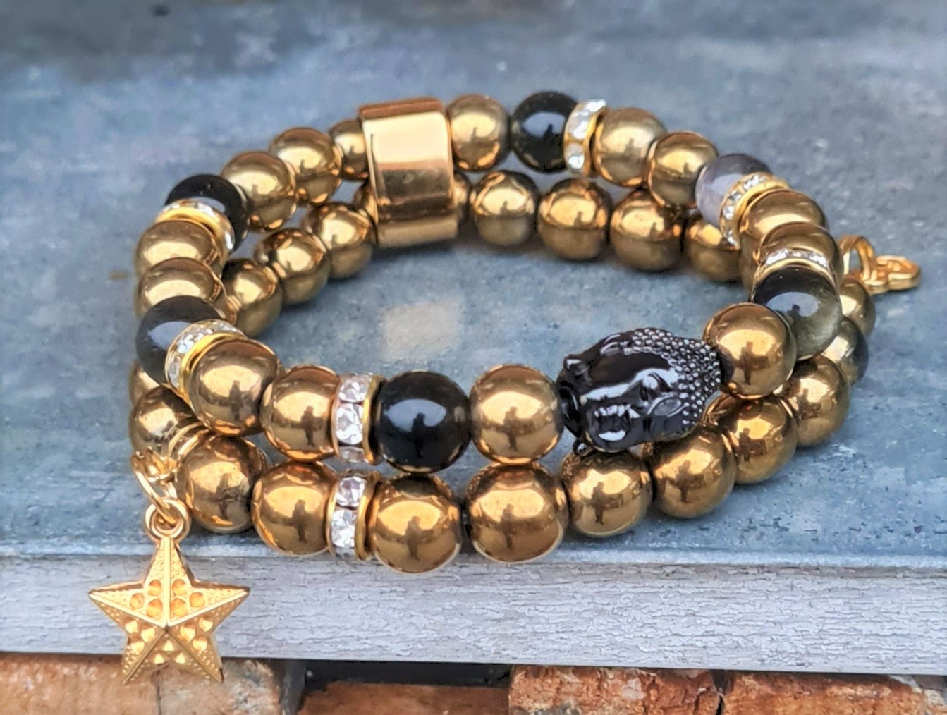 Goudkleurige hematiet en goud Obsidiaan armband met Boeddha
