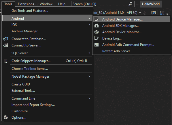 Find Android device manager in Visual Studio