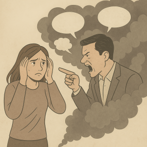 Illustratie van een vrouw die geraakt is door verbale aanvallen van een narcist, met rook en beschuldigende woorden als visueel rookgordijn.