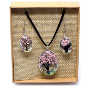Pressed Flowers Tree of Life Jewellery Set - Light Pink