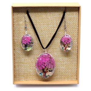 Pressed Flowers Tree of Life Jewellery Set - Bright Pink