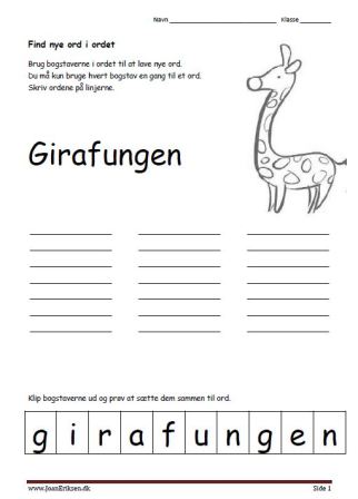 Find nye ord i ordet, en elevopgave til undervisning i sproglig forståelse. Eventyr. Pattedyr, zoologisk have.