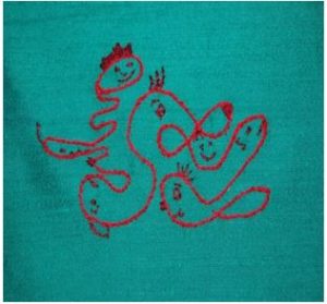 Autobroderi med mønster, vejledninger og designark. til undervisningen i håndværk og design, inspireret af Asger Jorn.