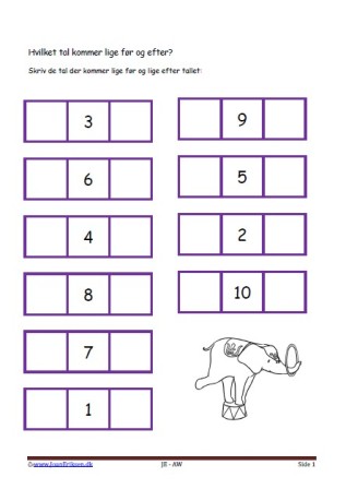 Hvilket tal før og efter. Elevopgave med taltræning til matematikundervisningen.