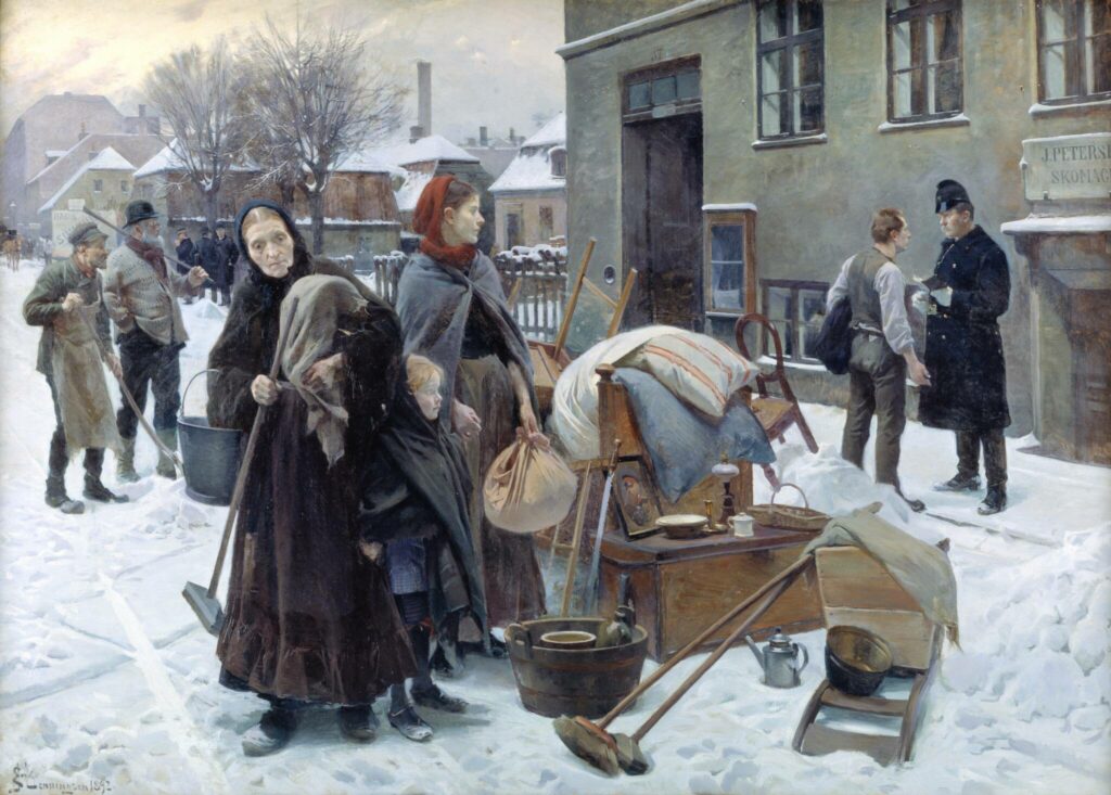 Maleri: "Sat ud", familie udenfor bygning med deres få ejendele, politi, Erik Henningsen 1892 
