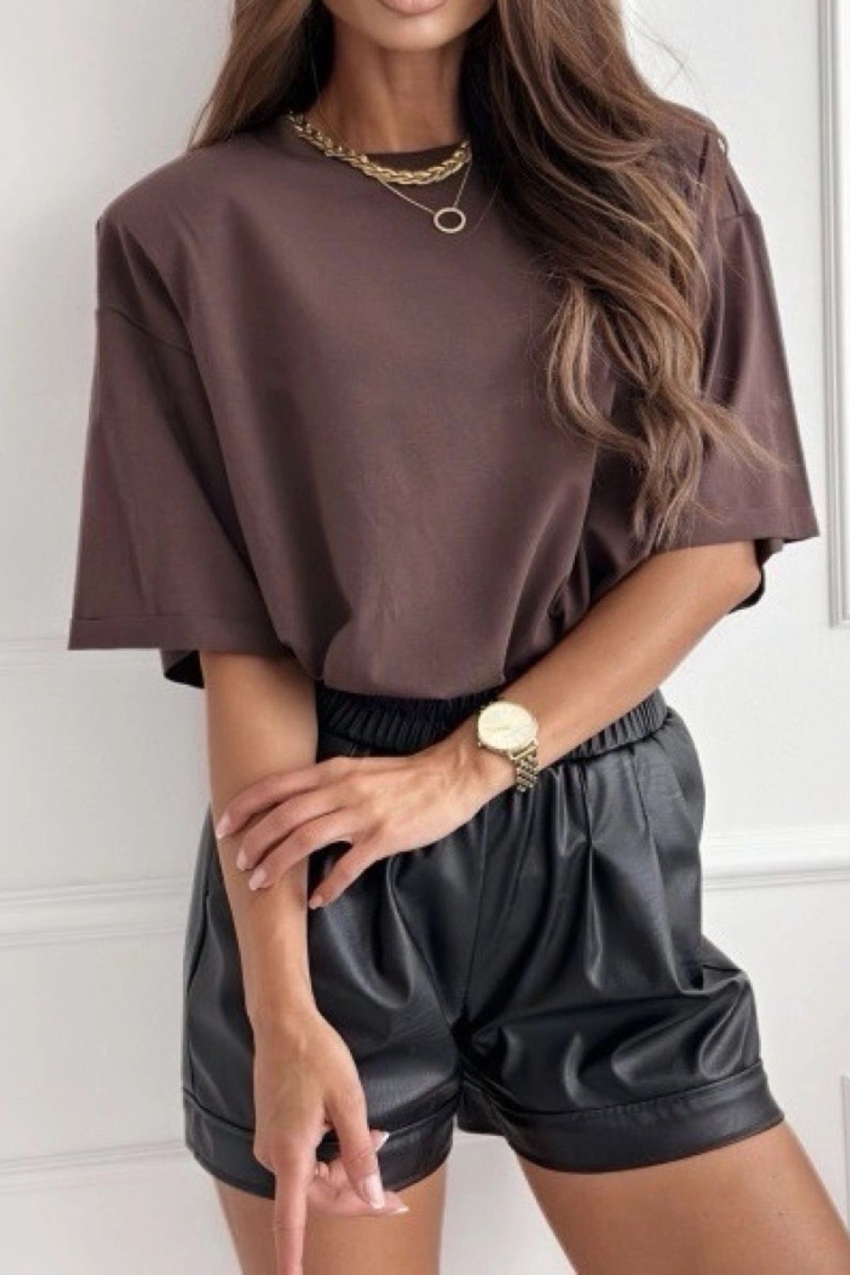 Estee Brown T Shirt With Shoulder Pads in Cappuccino One Size