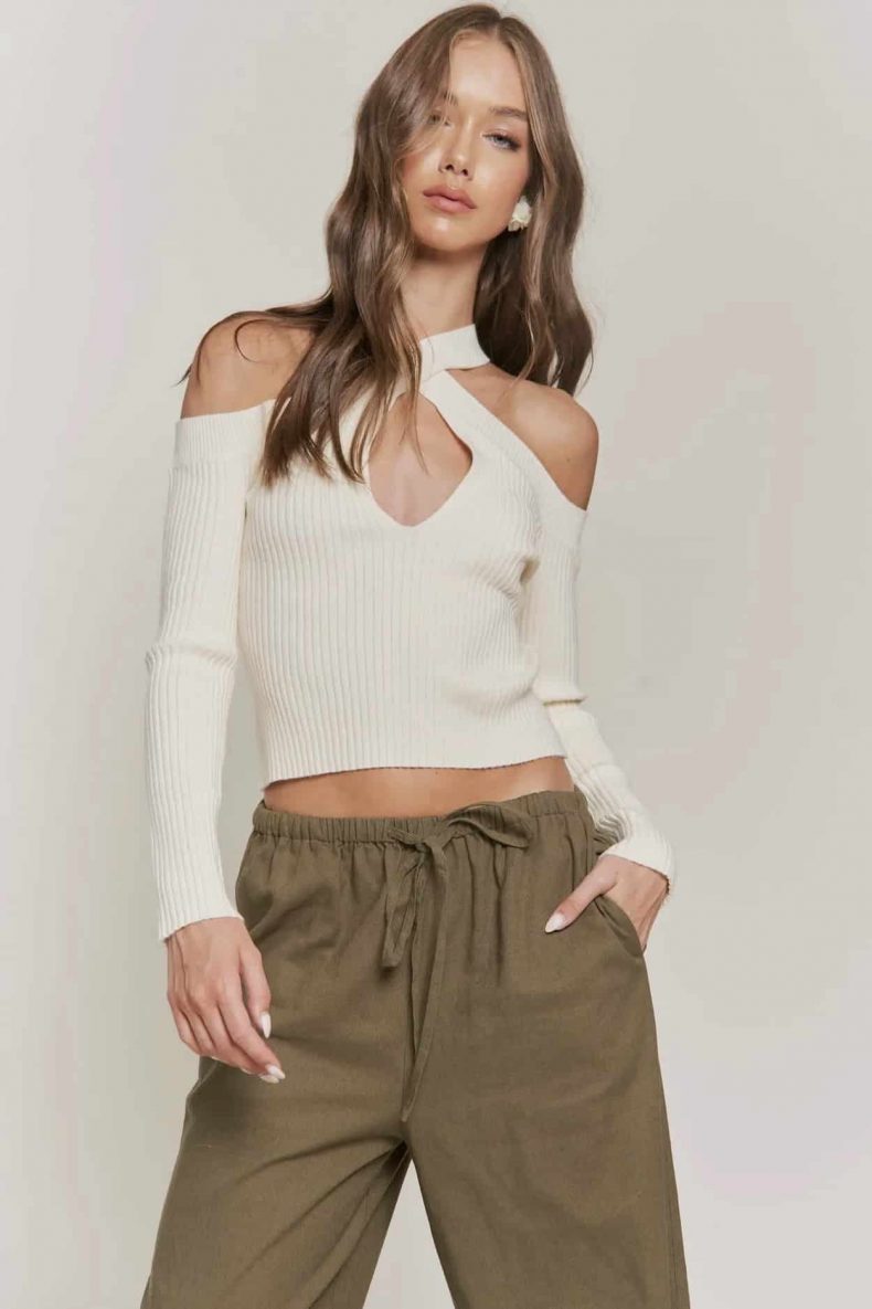 In The Beginning Ribbed Ivory Cross-Halter Top