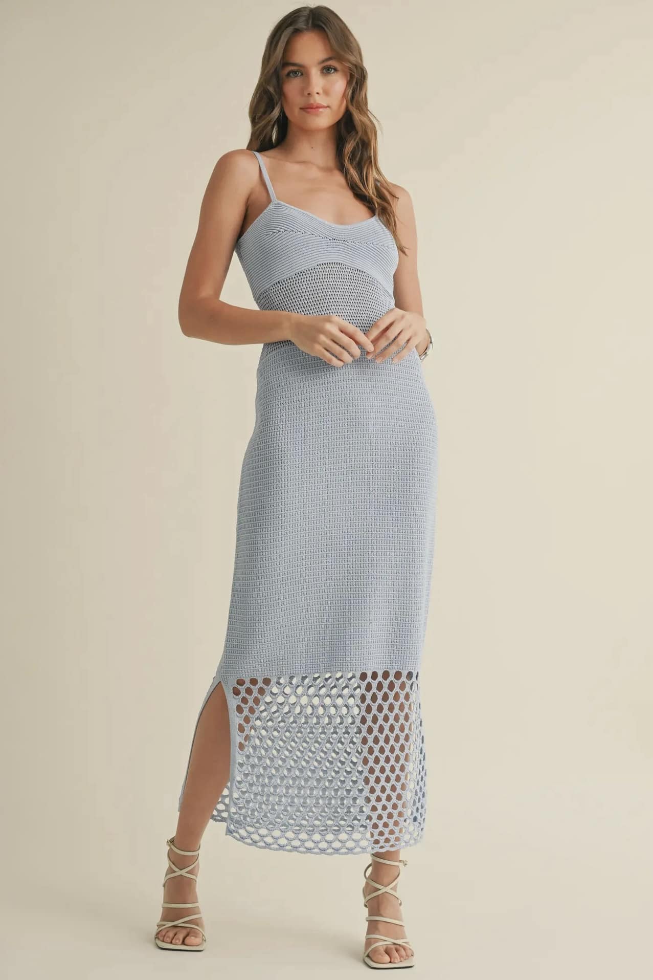 Miou Muse Blue Knitted Net Pattern Dress