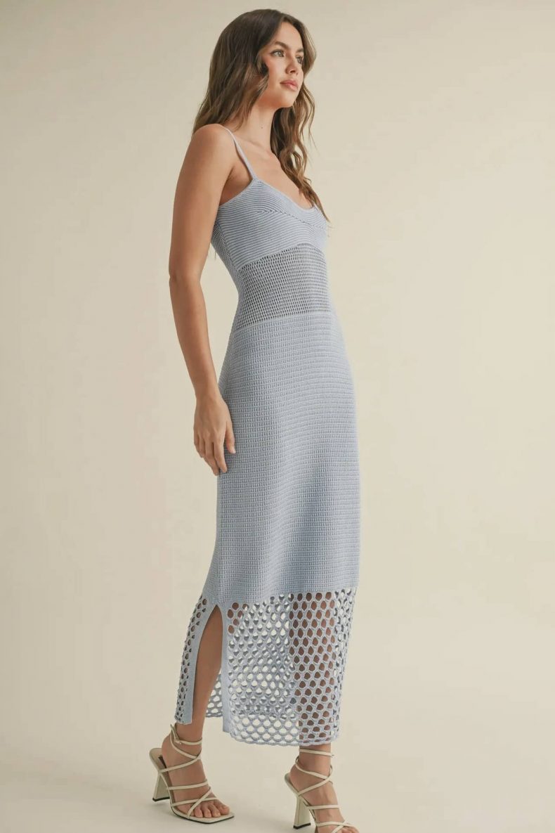 Miou Muse Blue Knitted Net Pattern Dress