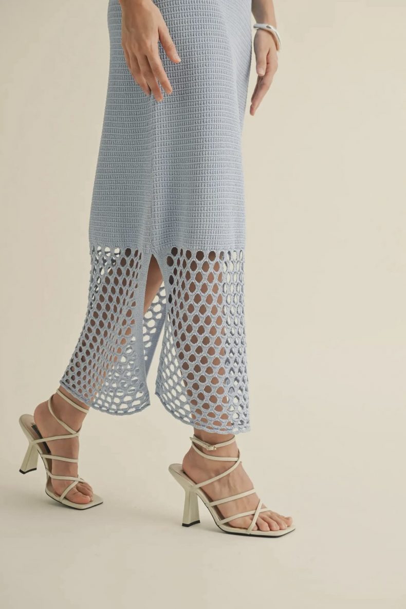 Miou Muse Blue Knitted Net Pattern Dress
