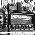 DALL·E 2023-11-29 13.44.14 – A retro-futuristic style image for an experimental radio channel, depicted in black and white. The design should include elements like vintage radios