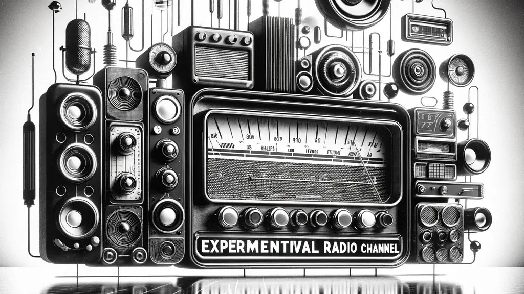 DALL·E 2023-11-29 13.44.14 – A retro-futuristic style image for an experimental radio channel, depicted in black and white. The design should include elements like vintage radios