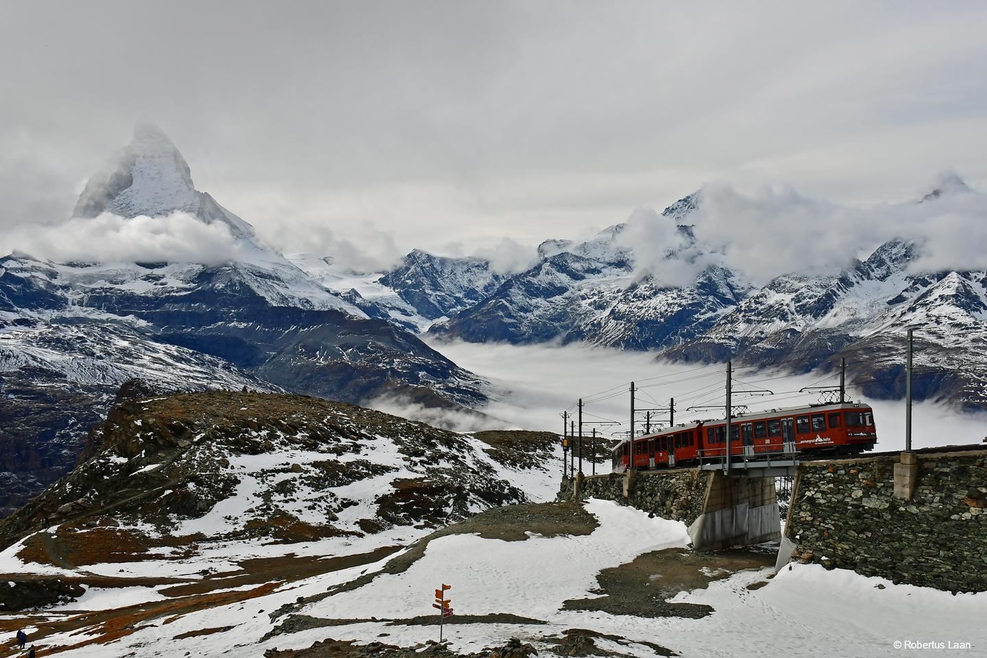 Fresh snow at the Gornergrat cog railway with the Matterhorn