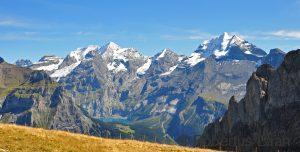 View of Lake Oeschinen from the Allmenalp above Kandersteg