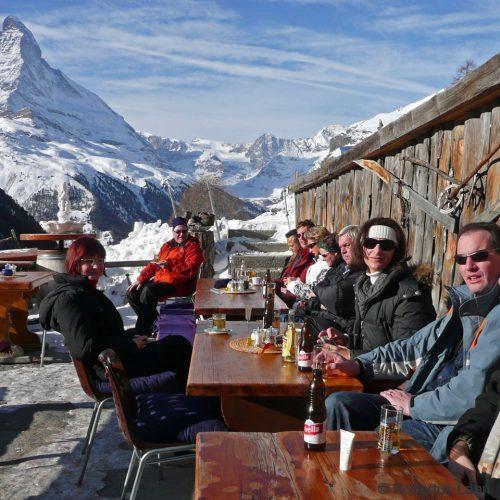 Enjoying the winter sun above Zermatt with Matterhorn view