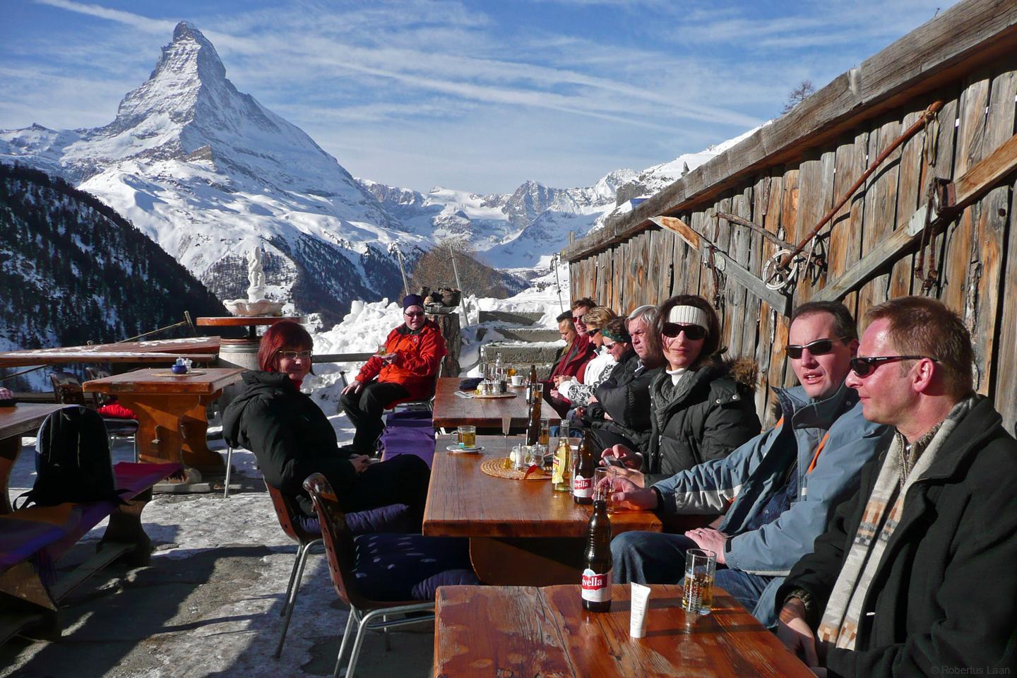 Enjoying the winter sun above Zermatt with Matterhorn view