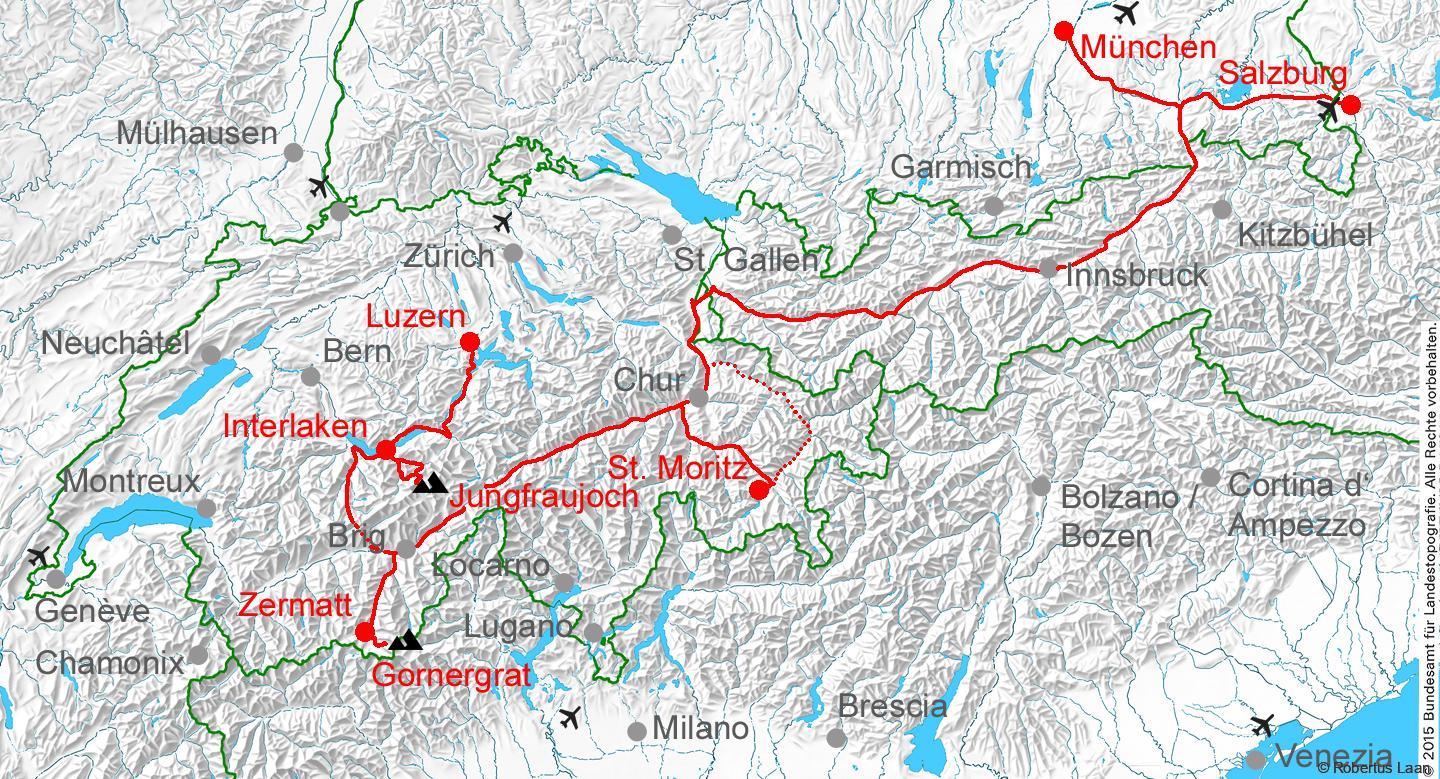 map of train trip Munich, Salzburg and Swiss Alps