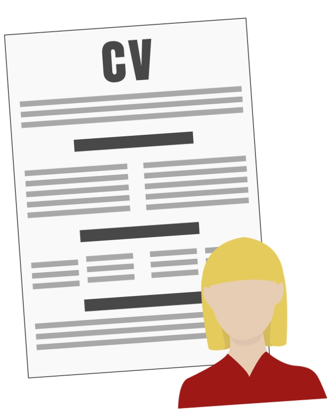 en illustration på en pappersark där det står CV och en kvinnoporträtt bredvid.