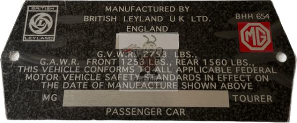 USA Spec MGB & MGB GT Embossed Chassis Plates (All GHN/D 5 Cars 1972- Sep 1979)
