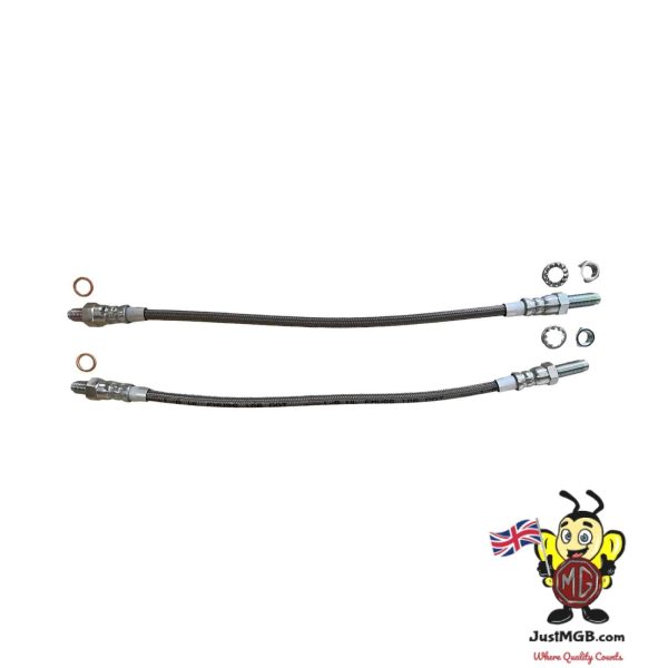 GBH158SS - Pair Front Caliper Stainless Flexi Hoses & Fittings (All MGB/GT/V8 Chrome Bumper Cars 1962-74)