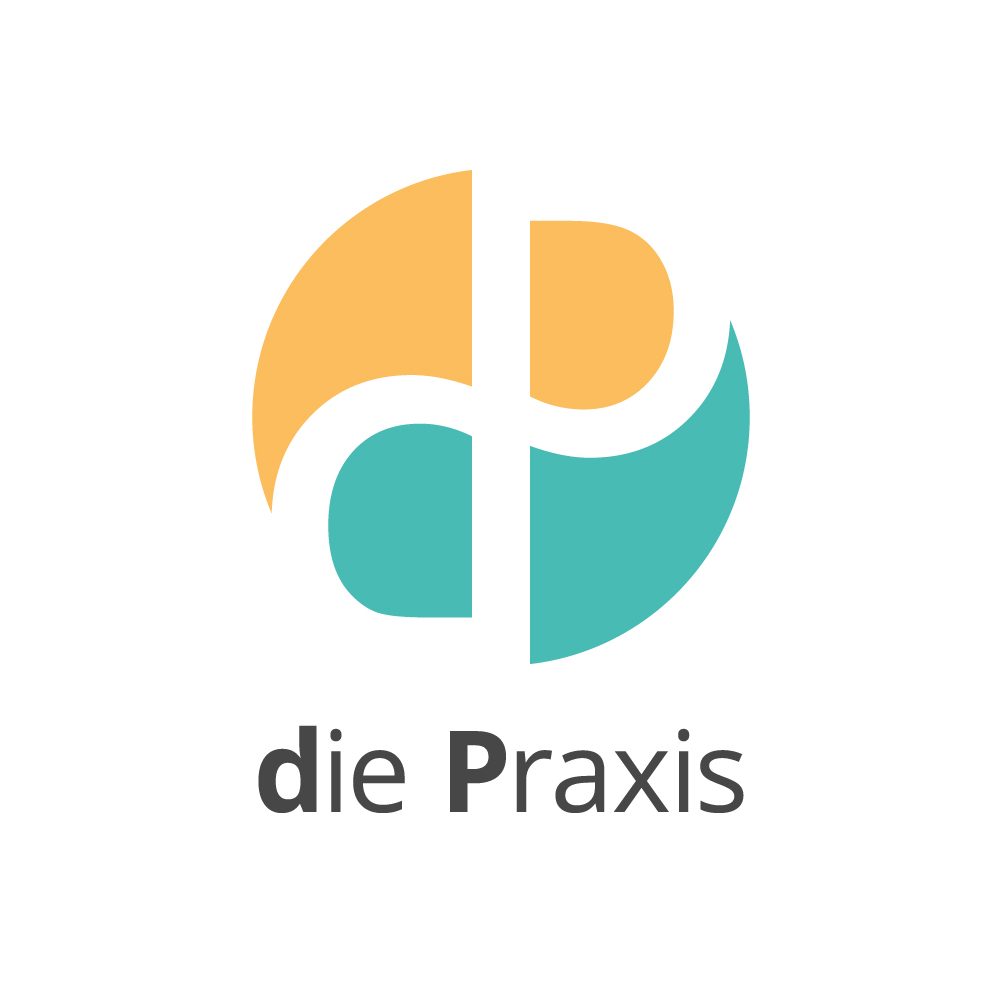 Logodesign für dP-die Praxis. Eine Grafik in Orange und Türkis mit dunkel grauer Typografie.