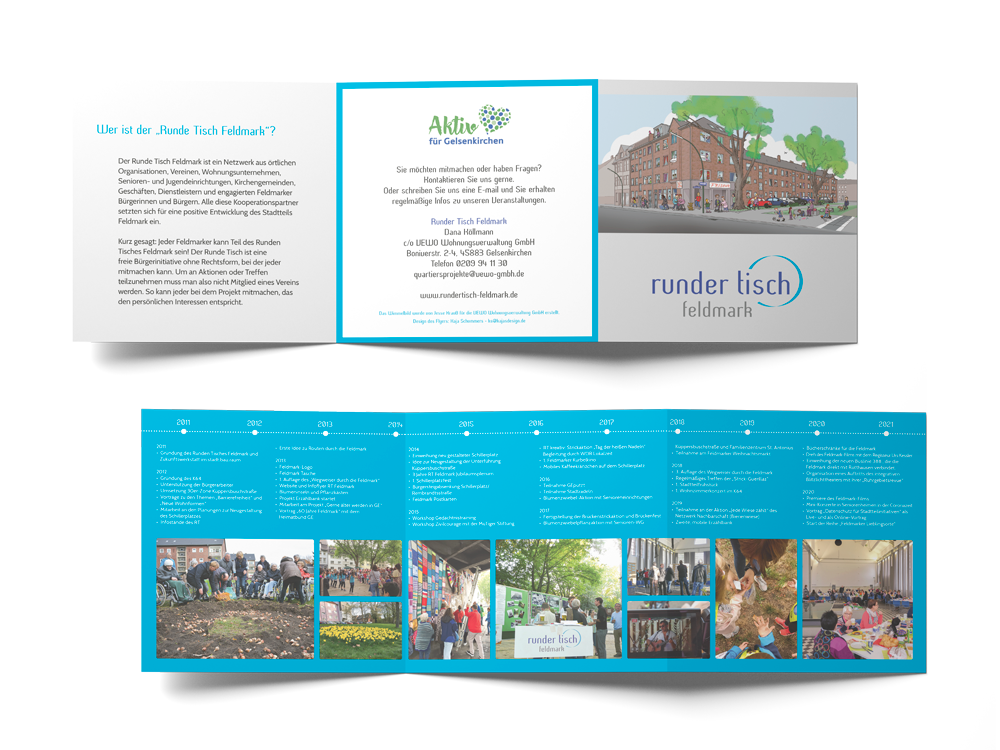 Mockup Quadratischer Faltflyer: Das Grafikdesign entspricht der Erscheinung des Vereins. Das Layout beinhaltet einen Zeitstrahl in einem leuchtenden Cyan Blau und viele Fotos.