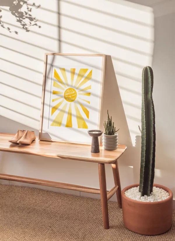 Plakat med sol og teksten "There is sunshine in my soul today"