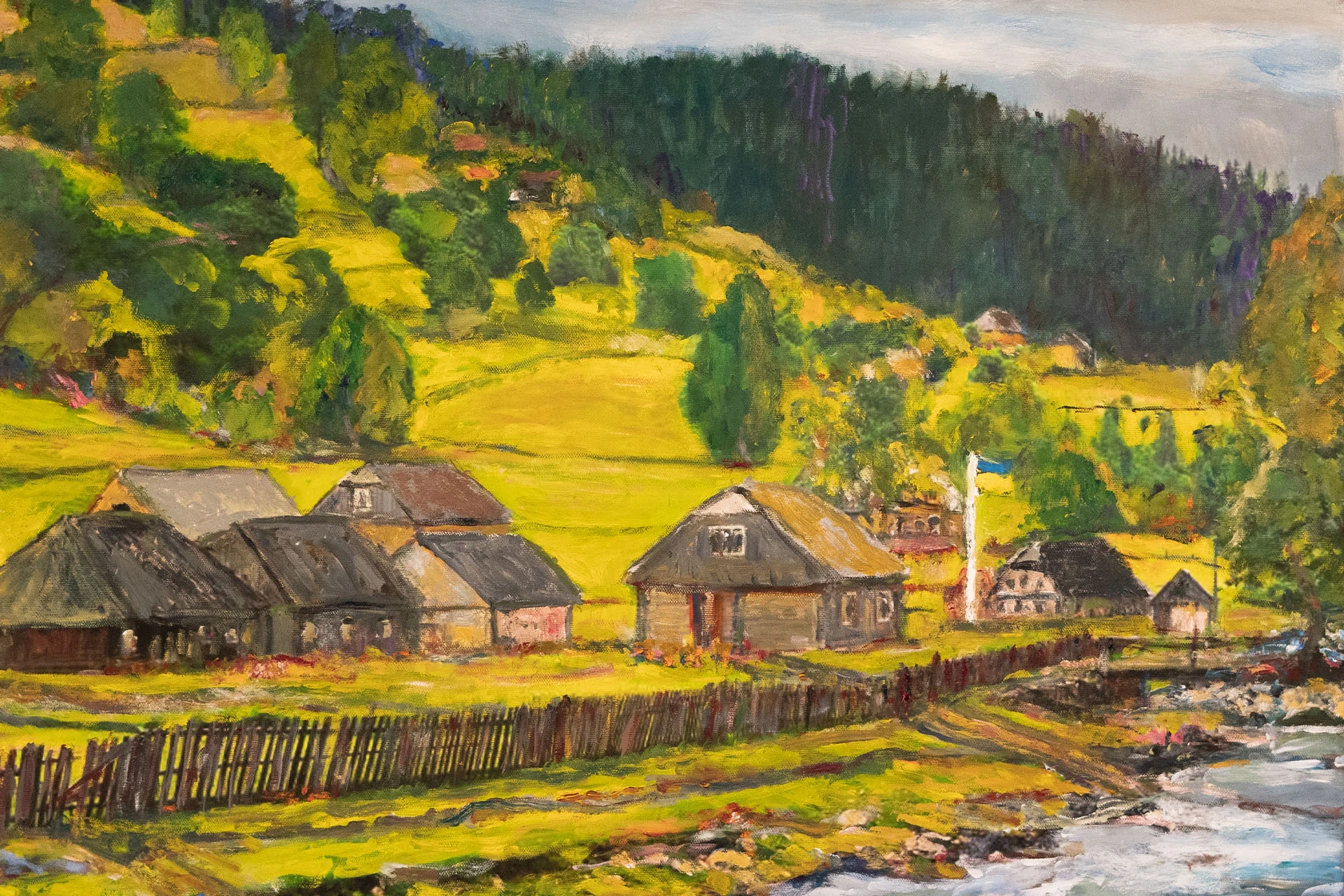 Carl Håkan Källåker - Carpathian village by the river - 70 x 60 – Oil on canvas