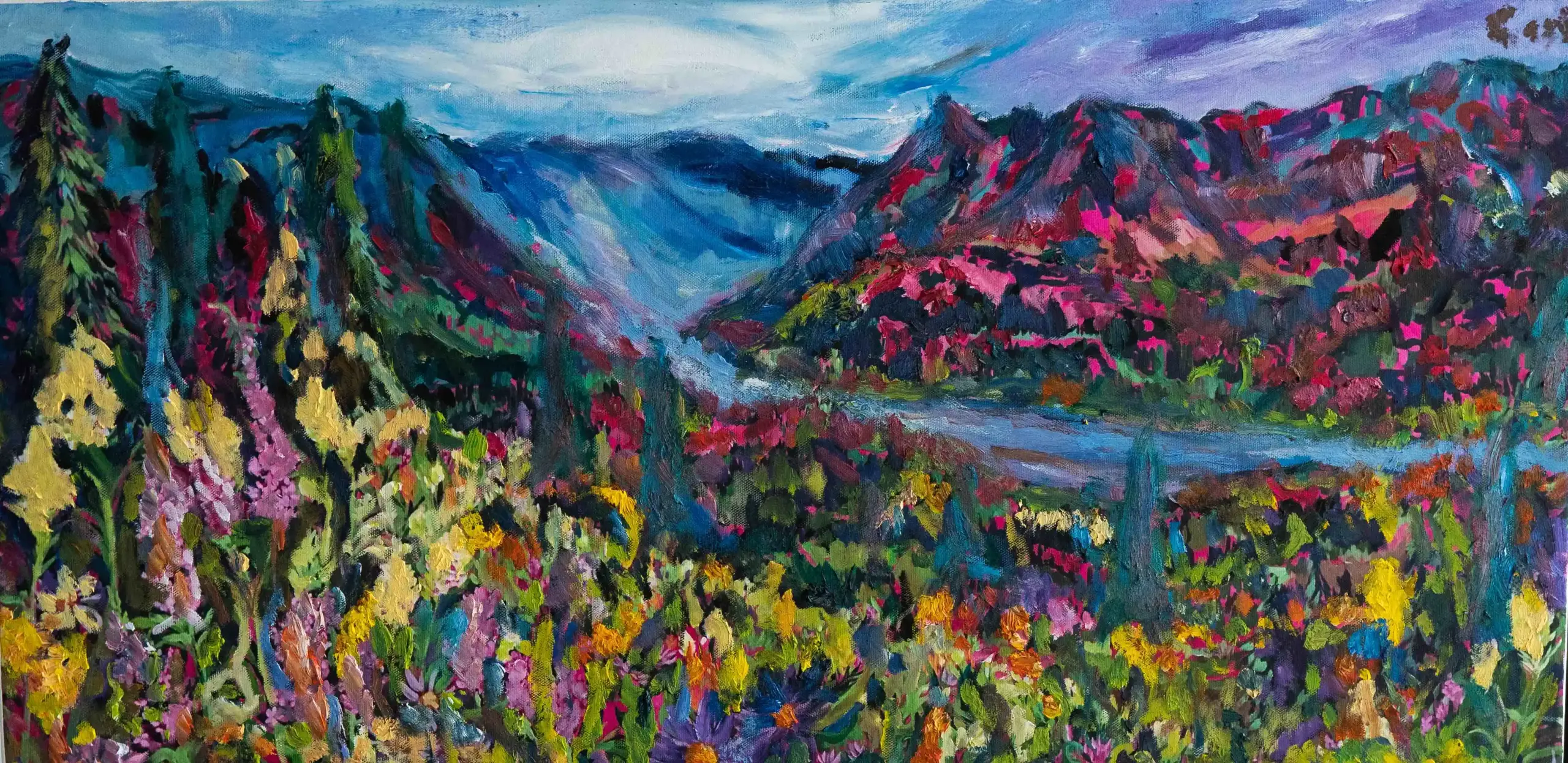 Mountain , lake and flowers