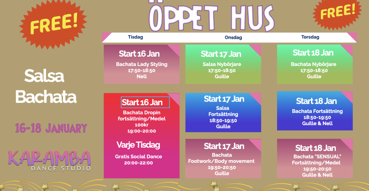 Schema Karamba Dance Studio Dansa salsa, bachata och kizomba i Stockholm