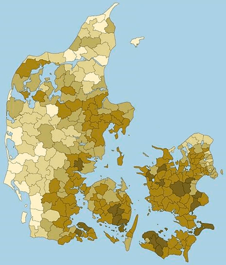 Kort der viser radon koncentrationen i Danmark