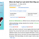 Screenshot des Buchs "Wenn der Kopf zur Last wird: Mein Weg zur Diagnose" von Karina Sturm. Das Cover ist blau und zeigt einen wie ein Zebra gestreiften Schmetterling mit einer Wirbelsäule als Körper.