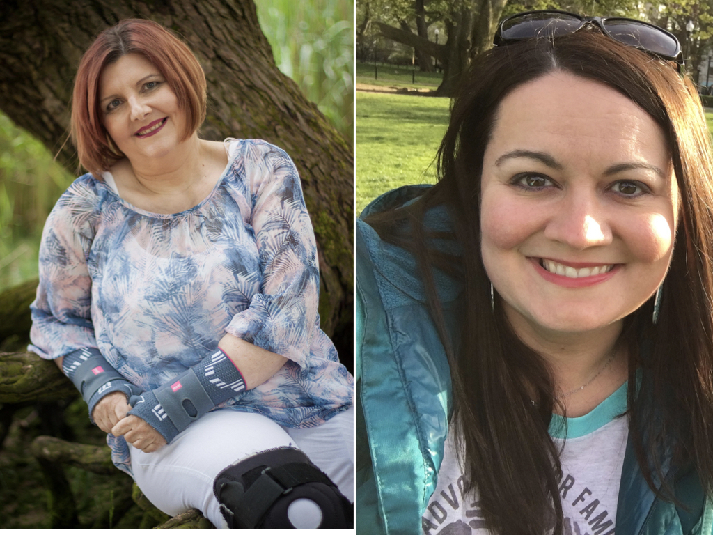 Two pictures. On the left is Denise B., a woman wearing a blue shirt, wrist and knee braces. She has short red hair and sits in front of a tree in the forrest. On the right is Rana T., a woman with long brown hair, who has sunglasses on her head, sitting in a park
