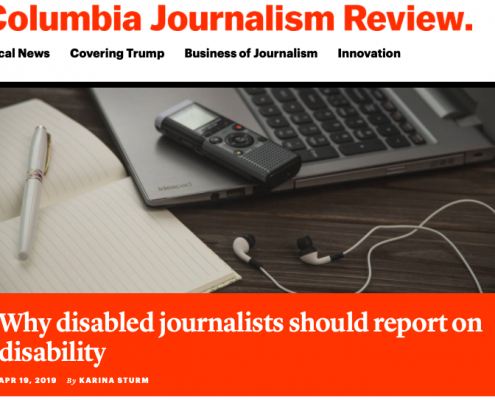 Screenshot of the Columbia Journalism Review website. A picture of a laptop, pencil and paper, and der text: "Why disabled journalists should report on disability" can be seen.