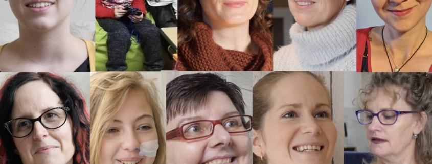 A collage of 9 teenage and adult women and two children who are all contributors of the film We Are Visible