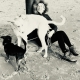 Lisa, eine Frau im Winteroutfit sitzt am Strand mit ihren zwei Hunden