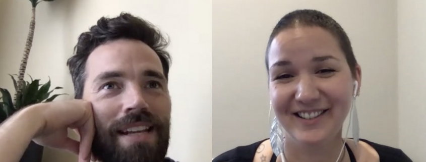 A screenshot of a zoom call with Ian Harding (left), a man with short brown hair and a full beard, and Karina Sturm (right), a woman with shaved brown hair and large, leaf-shaped earrings.