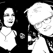 Zwei comichafte schwarz-weiß Bilder. Links: Karina, eine Frau mit kurzen braunen haaren. Sie trägt große Ohrringe und einen Hut. Rechts: Rita, eine Frau mit kurzen, blonden Haaren und einer Brille.