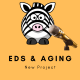 A comic-like illustration of a Zebra with a golden microphone in front and text: EDS & Aging, New Project