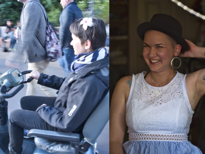 Zwei Bilder nebeneinander: Eine Frau mit in einem elektrischen Scooter auf einer Straße mit diversen Menschen im Hintergrund. Daneben, die selbe Frau, mit kurzen braunen Haaren, einem schwarzen Hut und große silbernen Hoopohrringen. Sie trägt ein Kleid mit weißem Oberteil und blauem Rock.