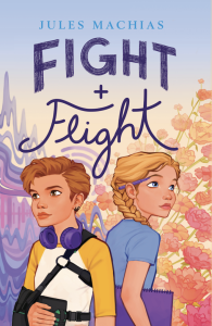 A book cover showing two young girls. One has short brown hair and is wearing a shoulder brace and headphones around her neck. The other one has long blonde hair and has a pen behind her ear. Text: Fight + Flight