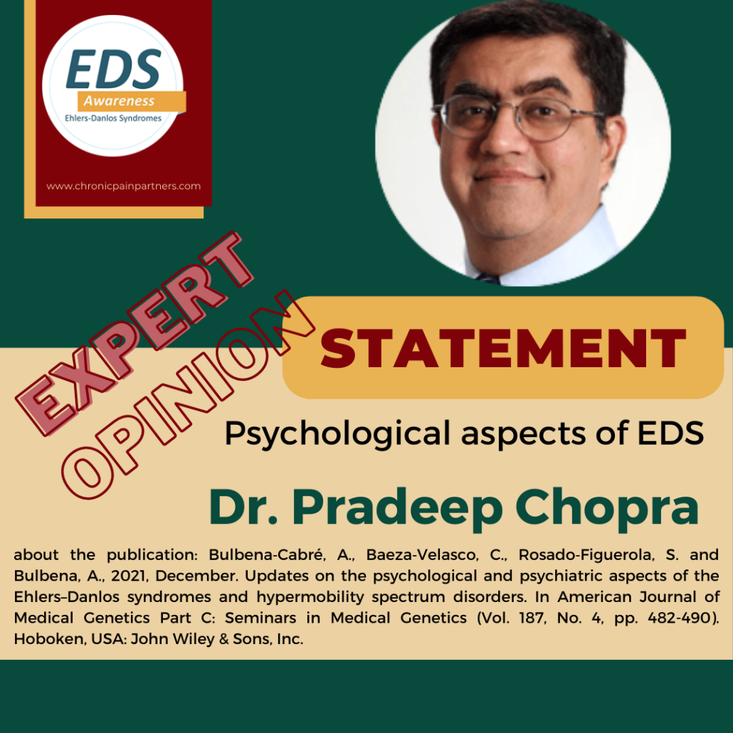 Ein Foto von Dr. Chopra, ein Mann mit kurzen braunen Haaren und einer Brille. Daneben ist das Logo von EDS Awareness. Text: Expert Opinion, Psychological aspects of EDS - Dr. Pradeep Chopra
