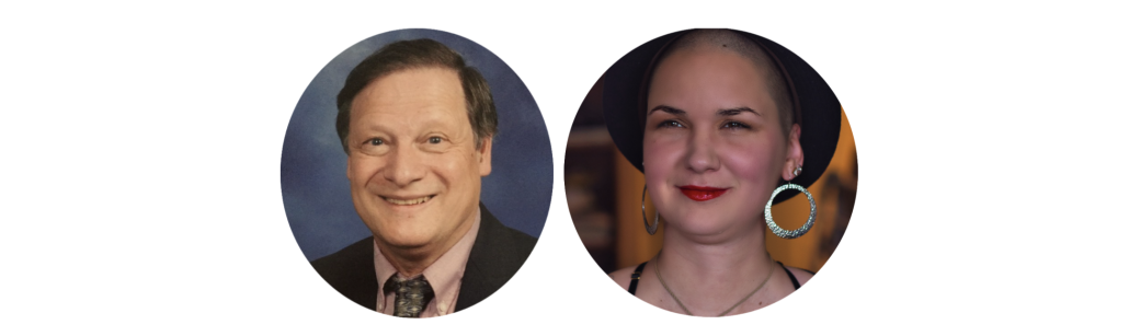 Two head shots. One is John Ferman, a man with short brown hair wearing a suit. He is smiling. The other one is Karina, a woman with shaved hair, wearing a black hat and huge silver hoops