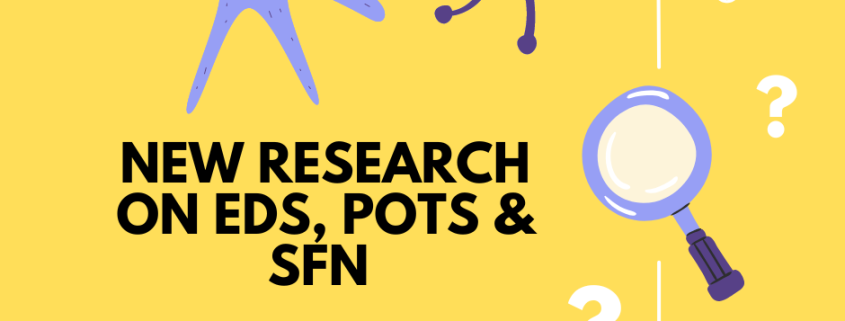 An illustration of a blue and purple nerve cell and a magnifying glass on yellow background. Text: New research on EDS, POTS & SFN. Small Fiber Neuropathy is a Common Feature in HEDS, Research Finds.