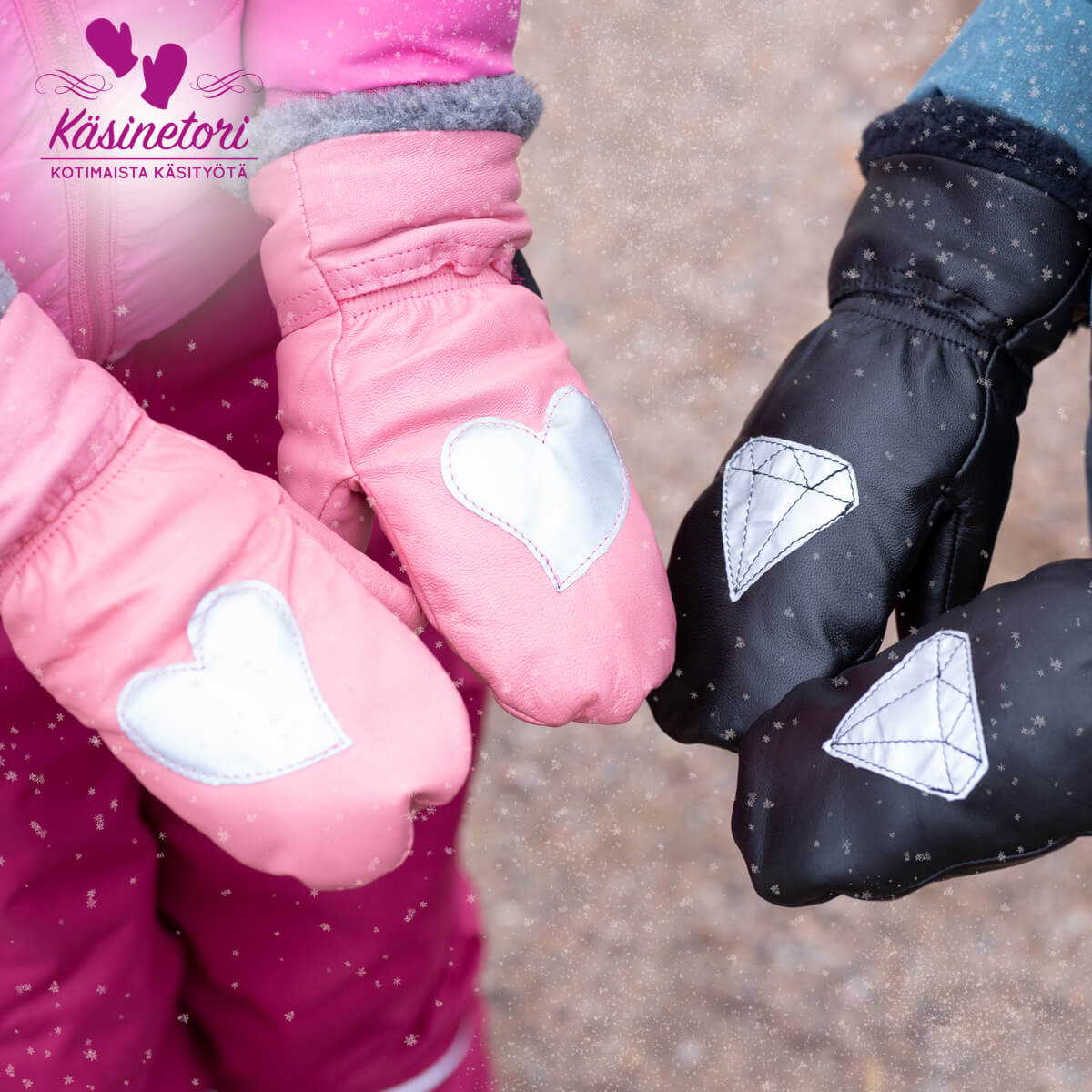 Talvihanskat lapselle - Heijastavat nahkarukkaset lapsille - pinkki sydän -  Käsinetori - Kotimainen käsinevalmistaja