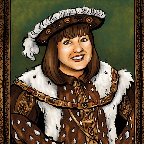 An illustration of Katie Pritchard dressed as King Henry the 8th