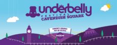 The Underbelly Festival Cavendish Square poster, featuring purple hills, purple big ben, a purple tent, and an upside down purple cow.