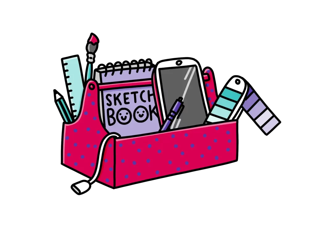 illustration of an illustrators toolbox including things such as a sketchbook, pencil, pens, swatch book, ipad and ruler
