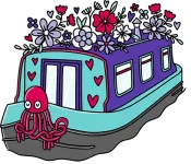 illustration of a narrowboat with an octopus on the bow and flowers on the roof